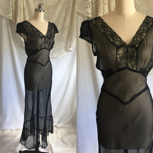 Vintage 1940's Nightgown | Sheer Black Rayon Chiffon with Lace & Cap Sleeves | New Old Stock | Size XS, S - Daggers & Dames