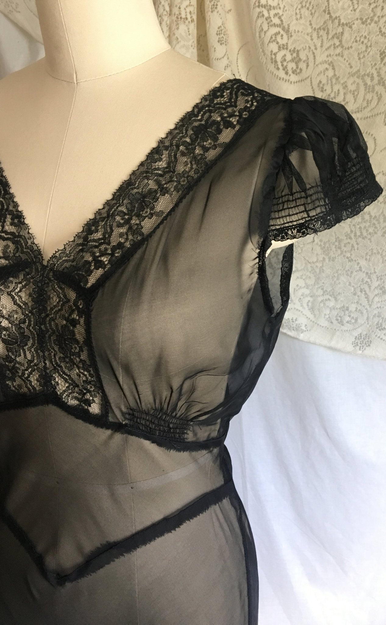 Vintage 1940's Nightgown | Sheer Black Rayon Chiffon with Lace & Cap Sleeves | New Old Stock | Size XS, S - Daggers & Dames