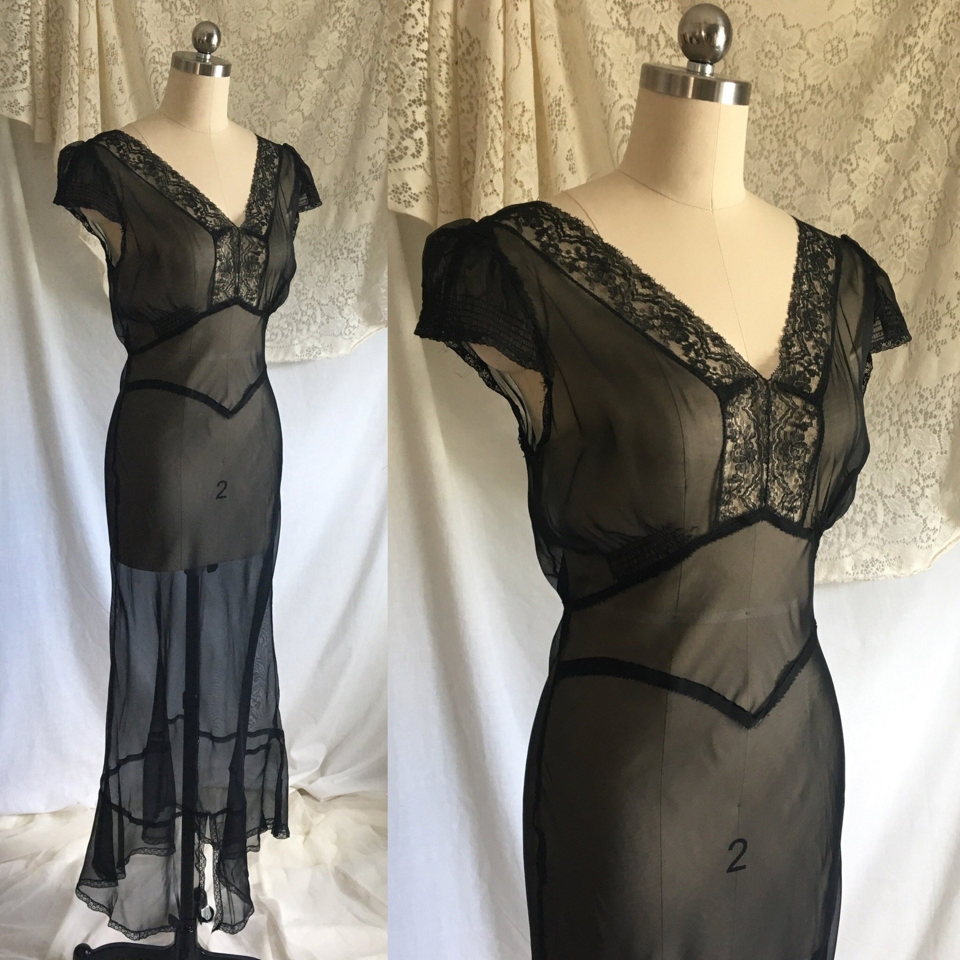 Vintage 1940's Nightgown | Sheer Black Rayon Chiffon with Lace & Cap Sleeves | New Old Stock | Size XS, S - Daggers & Dames