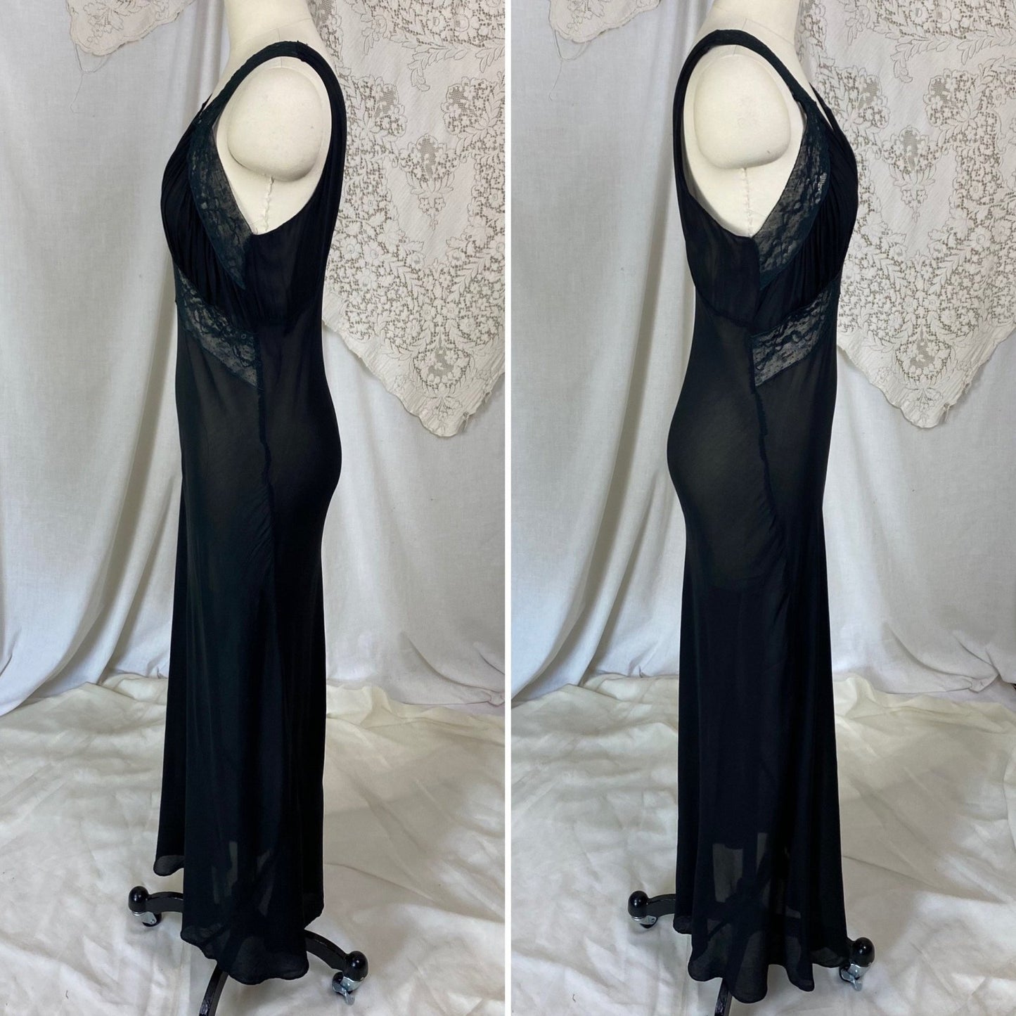 Vintage 1940's Nightgown | Sheer Black Rayon Chiffon with Lace | Size S, M - Daggers & Dames