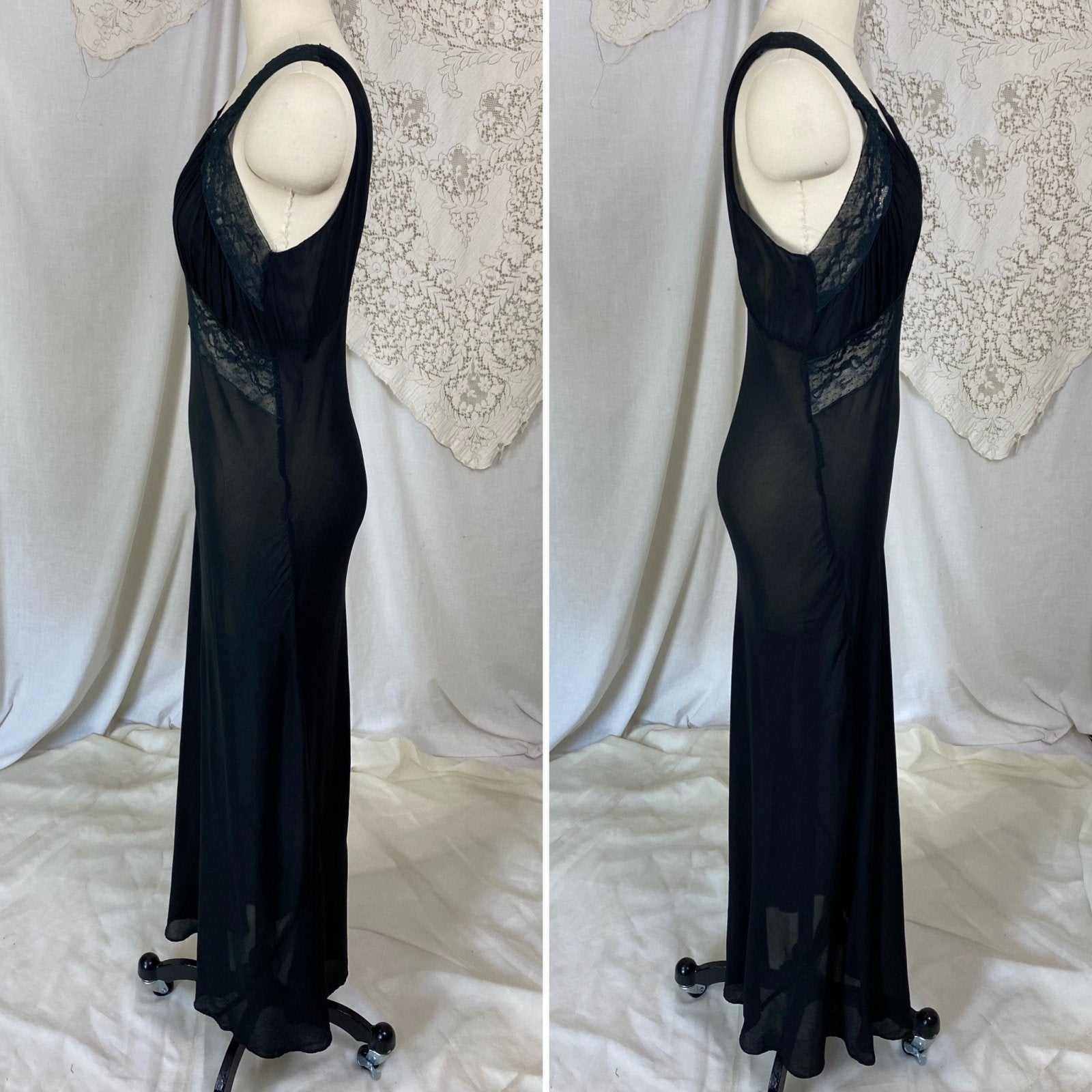 Vintage 1940's Nightgown | Sheer Black Rayon Chiffon with Lace | Size S, M - Daggers & Dames