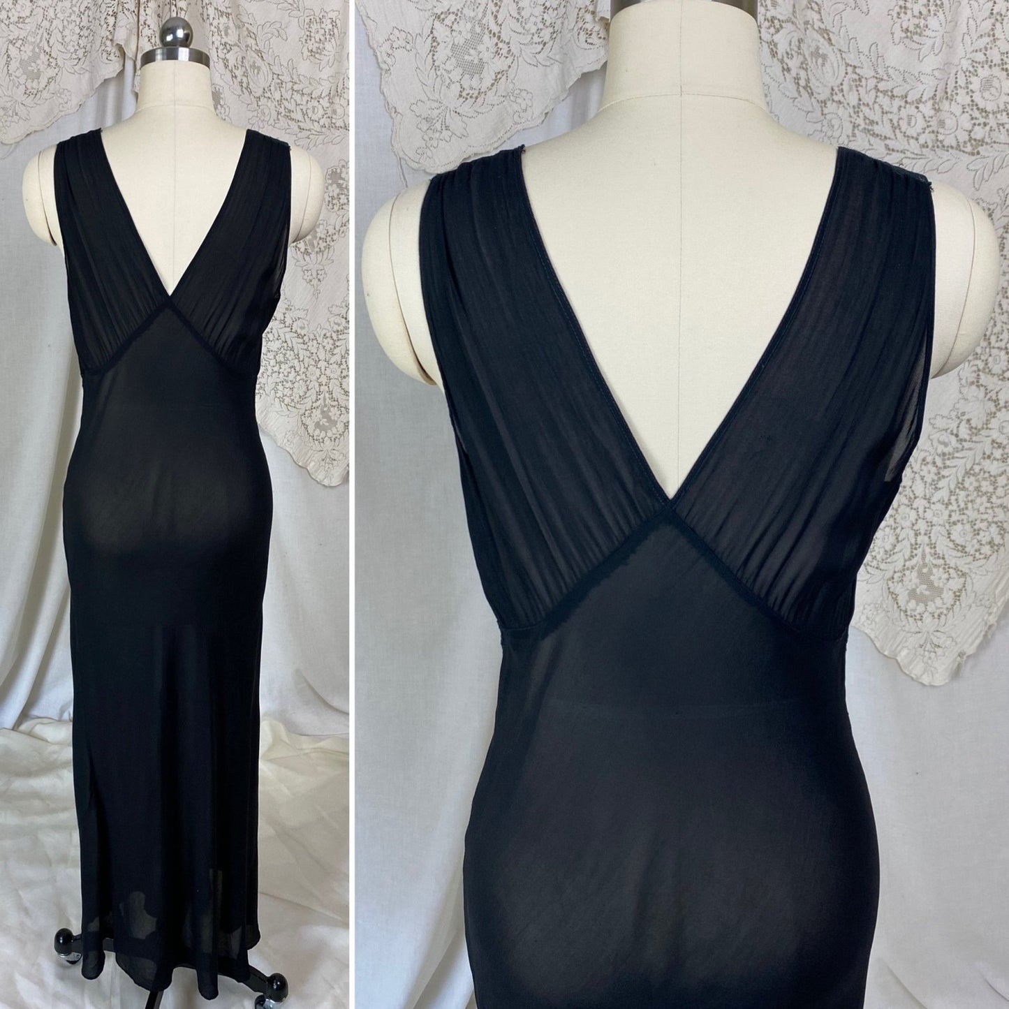 Vintage 1940's Nightgown | Sheer Black Rayon Chiffon with Lace | Size S, M - Daggers & Dames