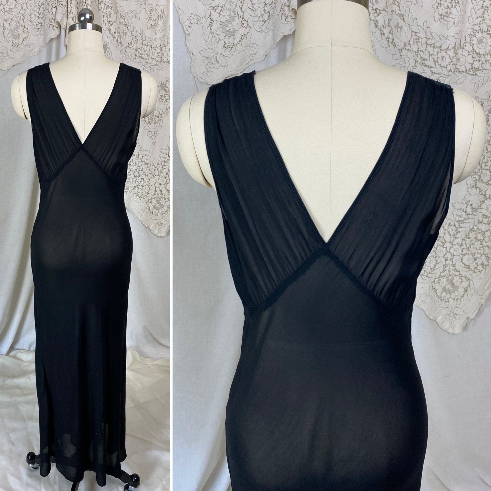 Vintage 1940's Nightgown | Sheer Black Rayon Chiffon with Lace | Size S, M - Daggers & Dames