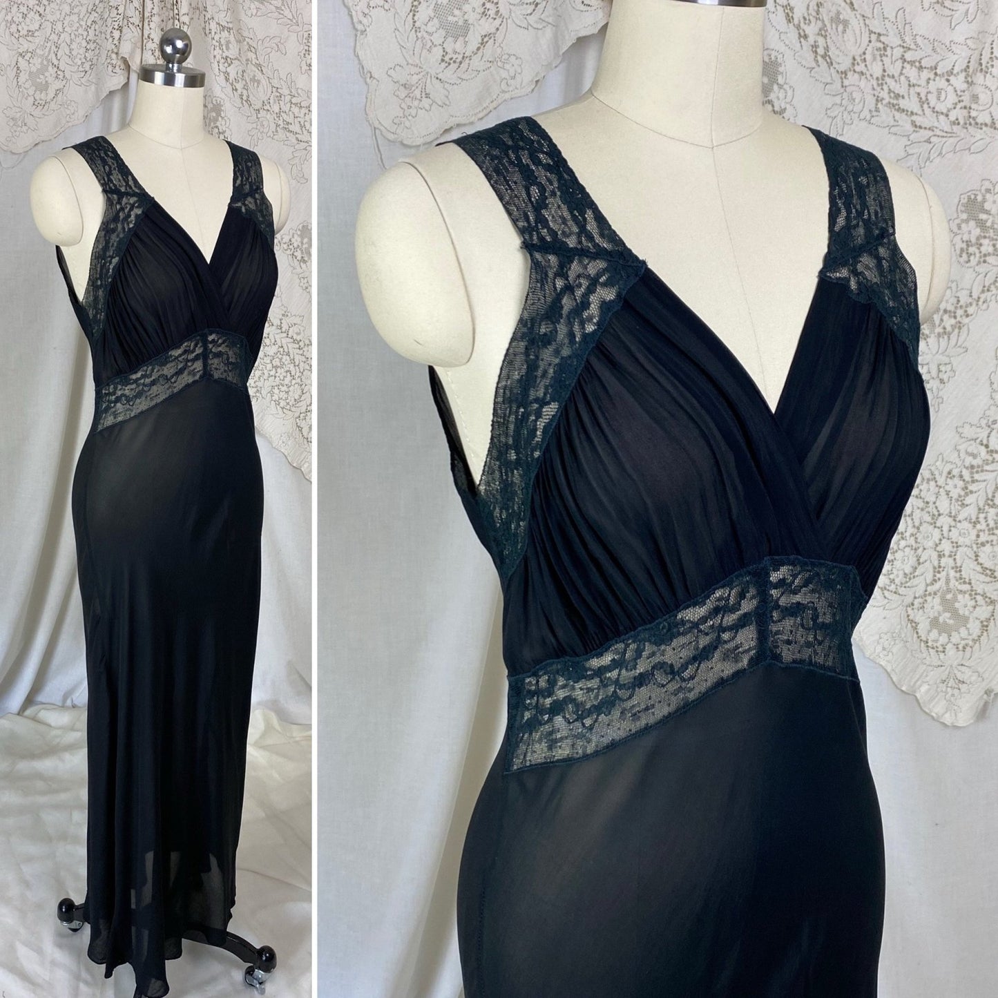 Vintage 1940's Nightgown | Sheer Black Rayon Chiffon with Lace | Size S, M - Daggers & Dames