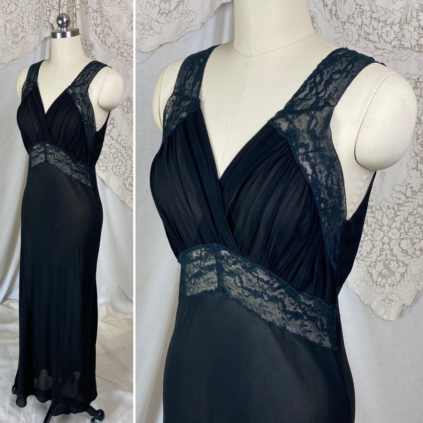 Vintage 1940's Nightgown | Sheer Black Rayon Chiffon with Lace | Size S, M - Daggers & Dames
