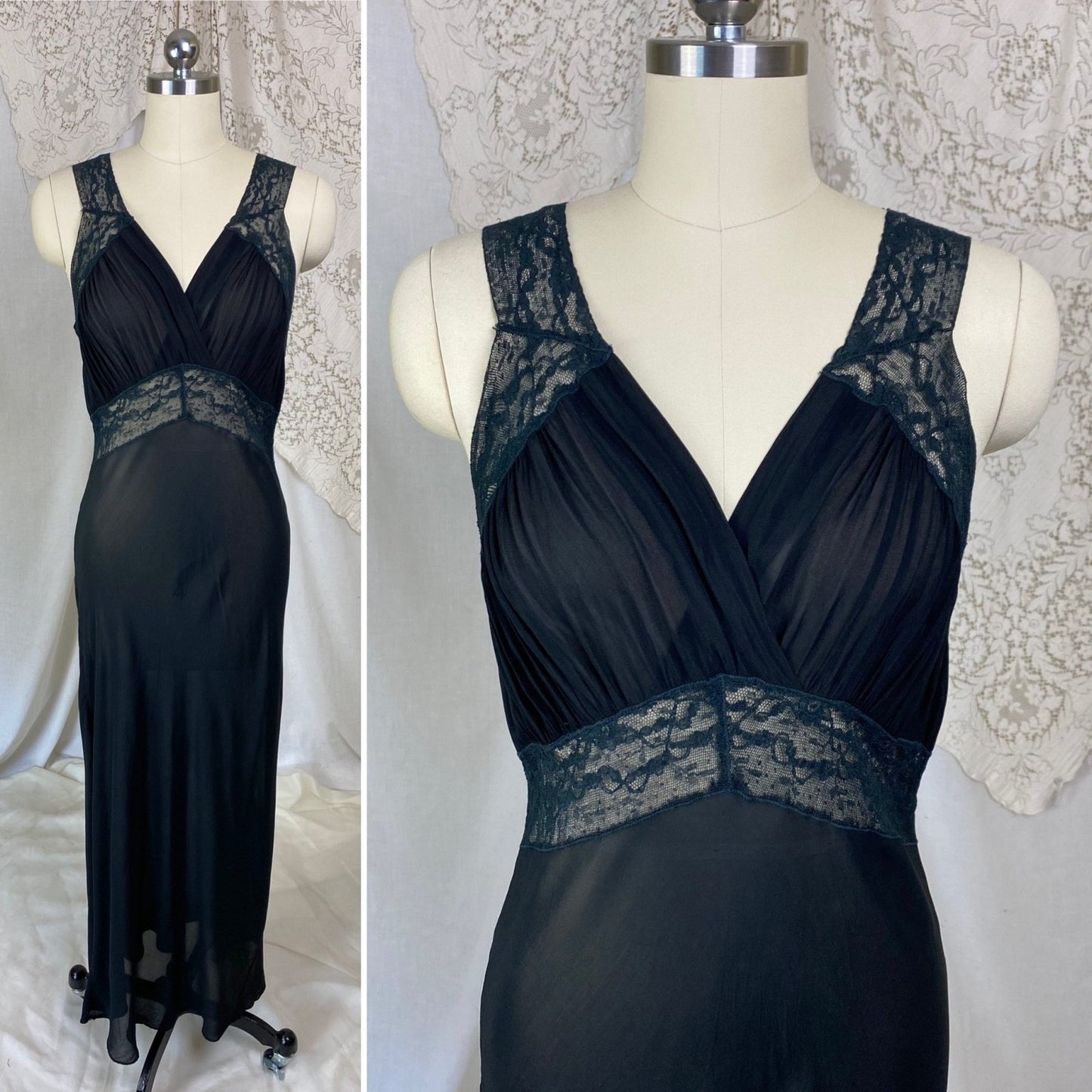 Vintage 1940's Nightgown | Sheer Black Rayon Chiffon with Lace | Size S, M - Daggers & Dames