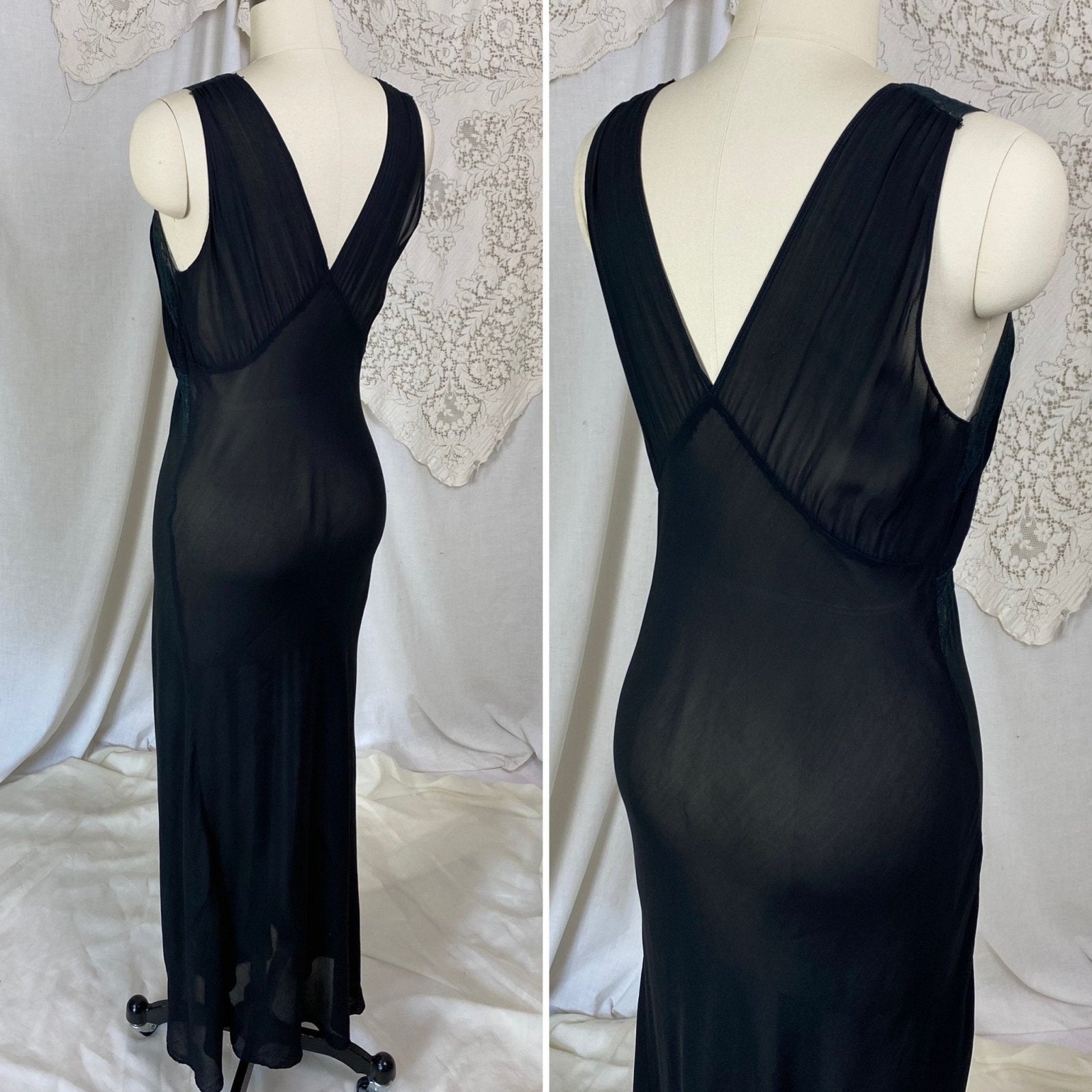 Vintage 1940's Nightgown | Sheer Black Rayon Chiffon with Lace | Size S, M - Daggers & Dames
