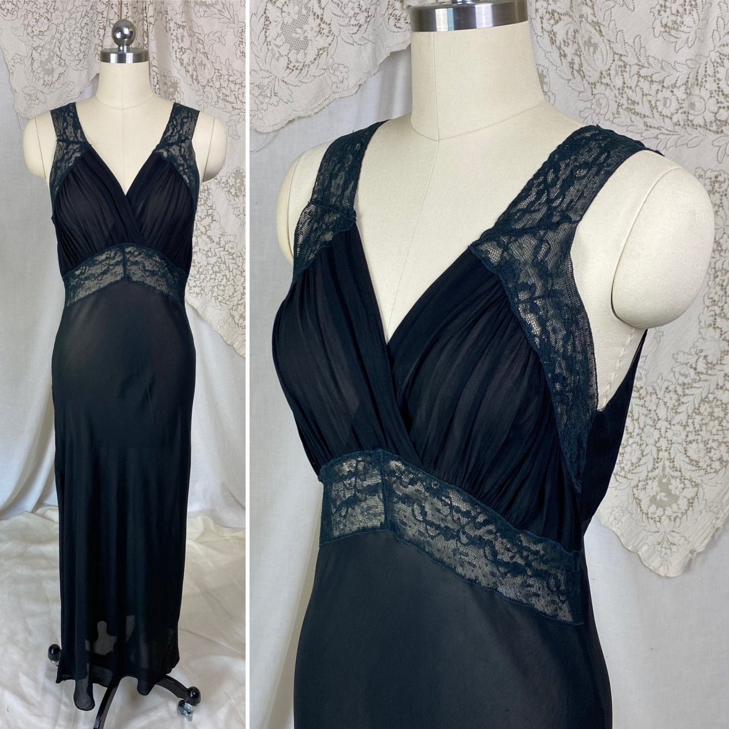 Vintage 1940's Nightgown | Sheer Black Rayon Chiffon with Lace | Size S, M - Daggers & Dames