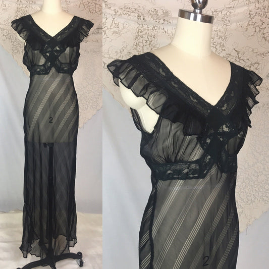 Vintage 1940's Nightgown | Sheer Black Rayon Chiffon with Ruffed Yoke & Stripes | Size SM, MED - Daggers & Dames