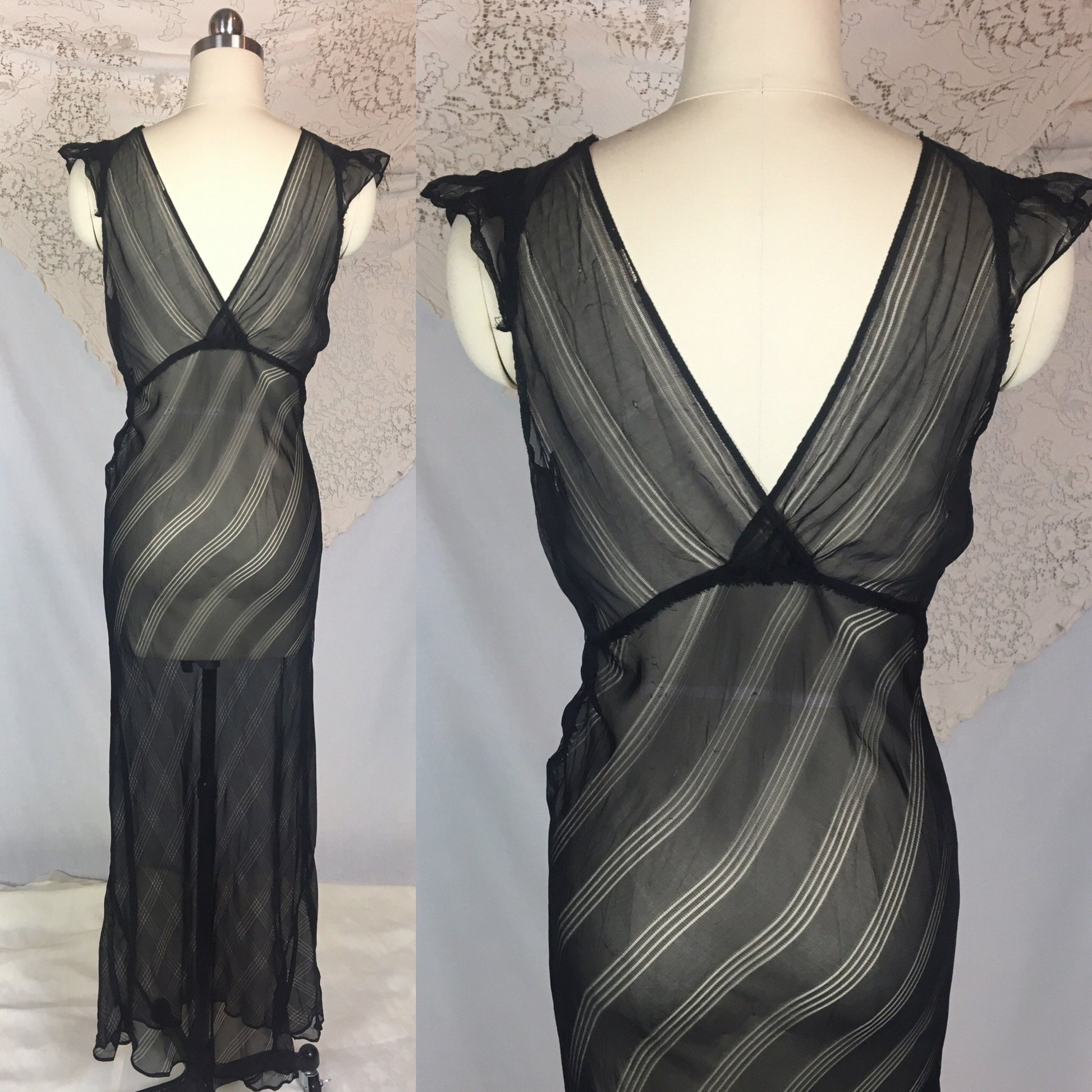 Vintage 1940's Nightgown | Sheer Black Rayon Chiffon with Ruffed Yoke & Stripes | Size SM, MED - Daggers & Dames