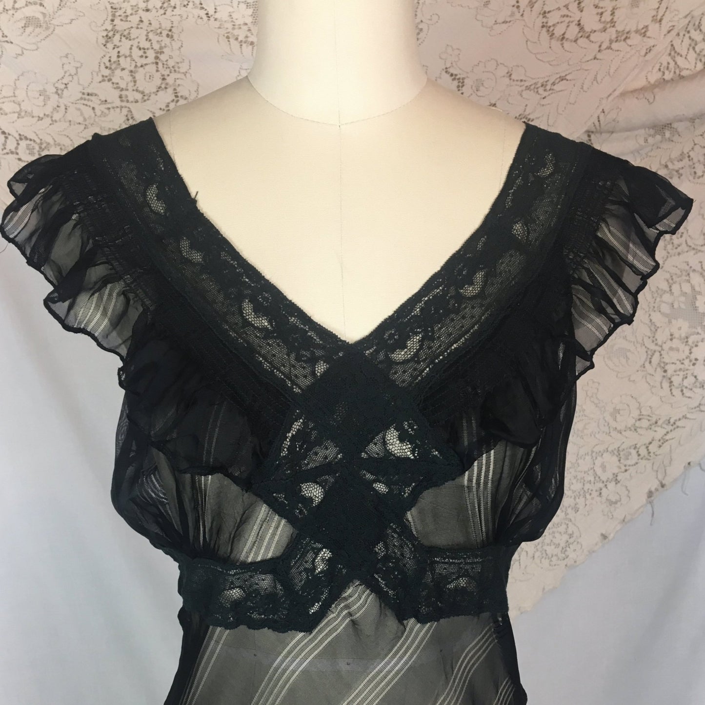 Vintage 1940's Nightgown | Sheer Black Rayon Chiffon with Ruffed Yoke & Stripes | Size SM, MED - Daggers & Dames