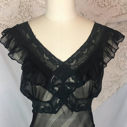 Vintage 1940's Nightgown | Sheer Black Rayon Chiffon with Ruffed Yoke & Stripes | Size SM, MED - Daggers & Dames