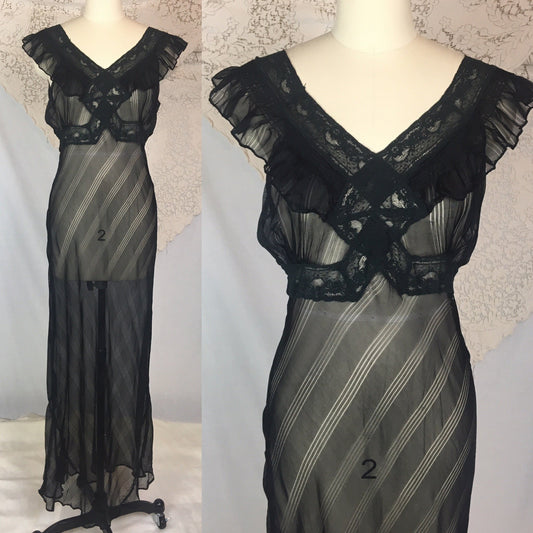 Vintage 1940's Nightgown | Sheer Black Rayon Chiffon with Ruffed Yoke & Stripes | Size SM, MED - Daggers & Dames