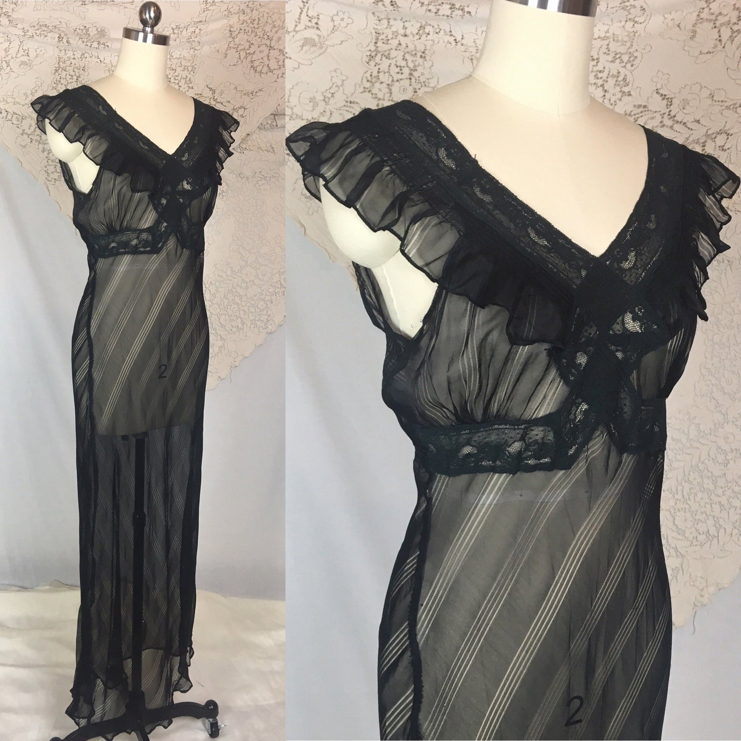 Vintage 1940's Nightgown | Sheer Black Rayon Chiffon with Ruffed Yoke & Stripes | Size SM, MED - Daggers & Dames