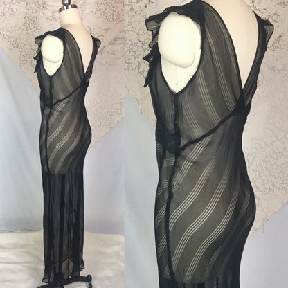 Vintage 1940's Nightgown | Sheer Black Rayon Chiffon with Ruffed Yoke & Stripes | Size SM, MED - Daggers & Dames