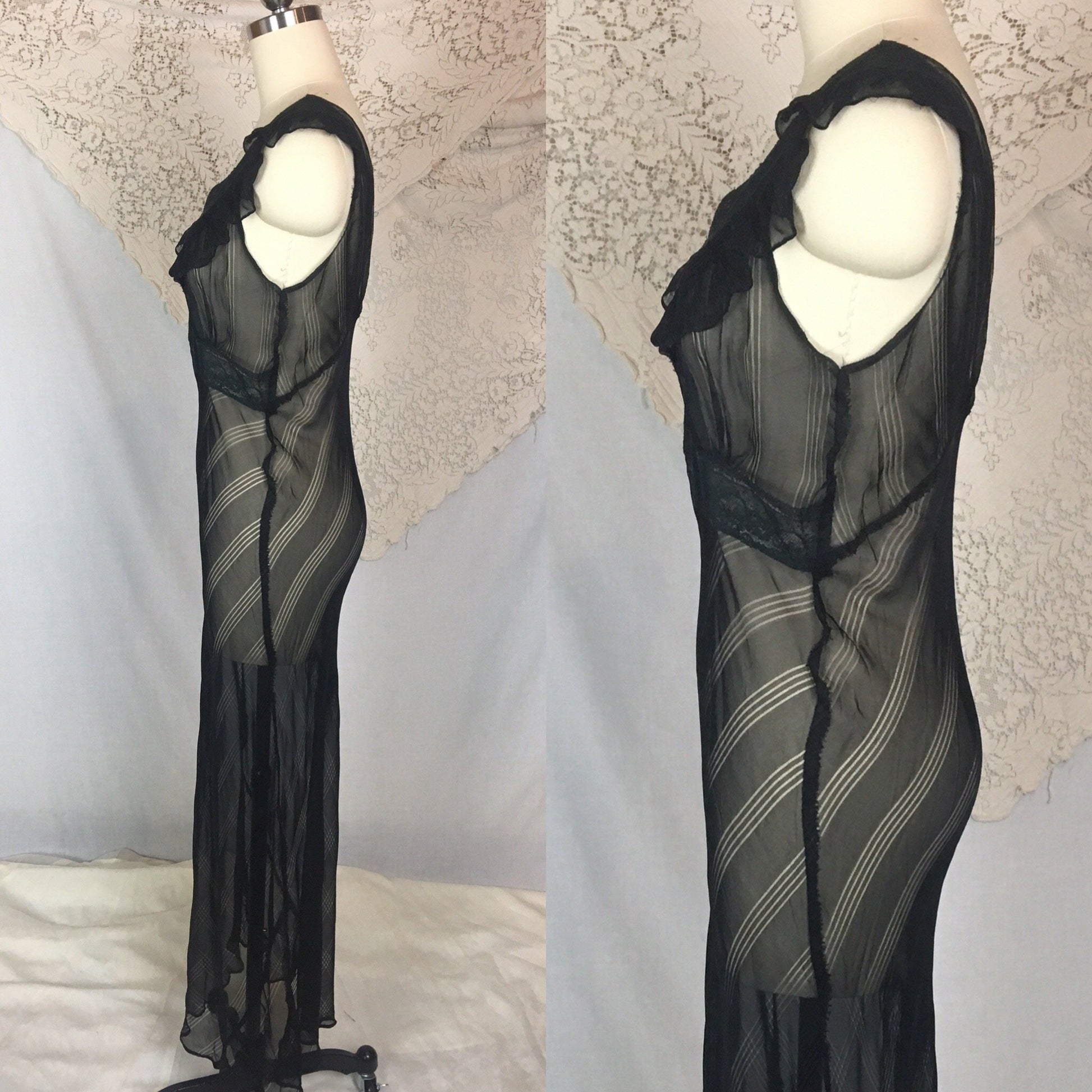 Vintage 1940's Nightgown | Sheer Black Rayon Chiffon with Ruffed Yoke & Stripes | Size SM, MED - Daggers & Dames