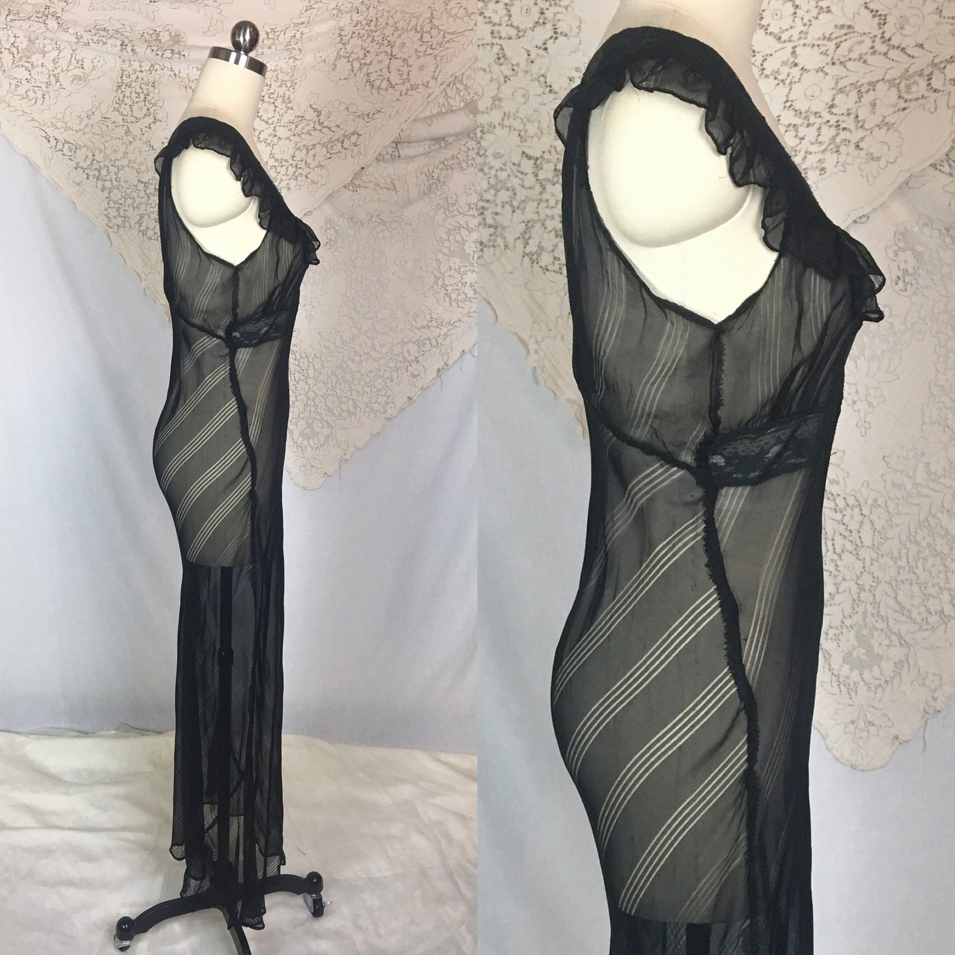 Vintage 1940's Nightgown | Sheer Black Rayon Chiffon with Ruffed Yoke & Stripes | Size SM, MED - Daggers & Dames