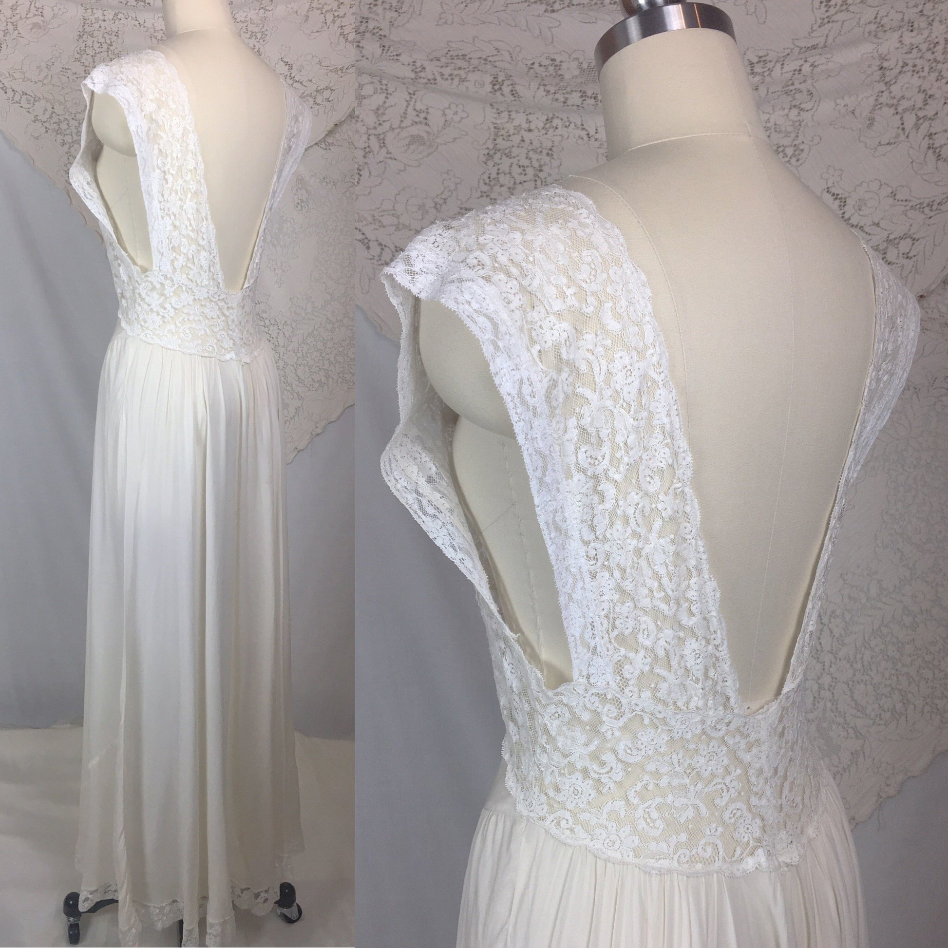 Vintage 1940's Nightgown | Sheer White Silk Chiffon with Ruffled Lace | Fischer Heavenly Silk Lingerie | Size MED - Daggers & Dames