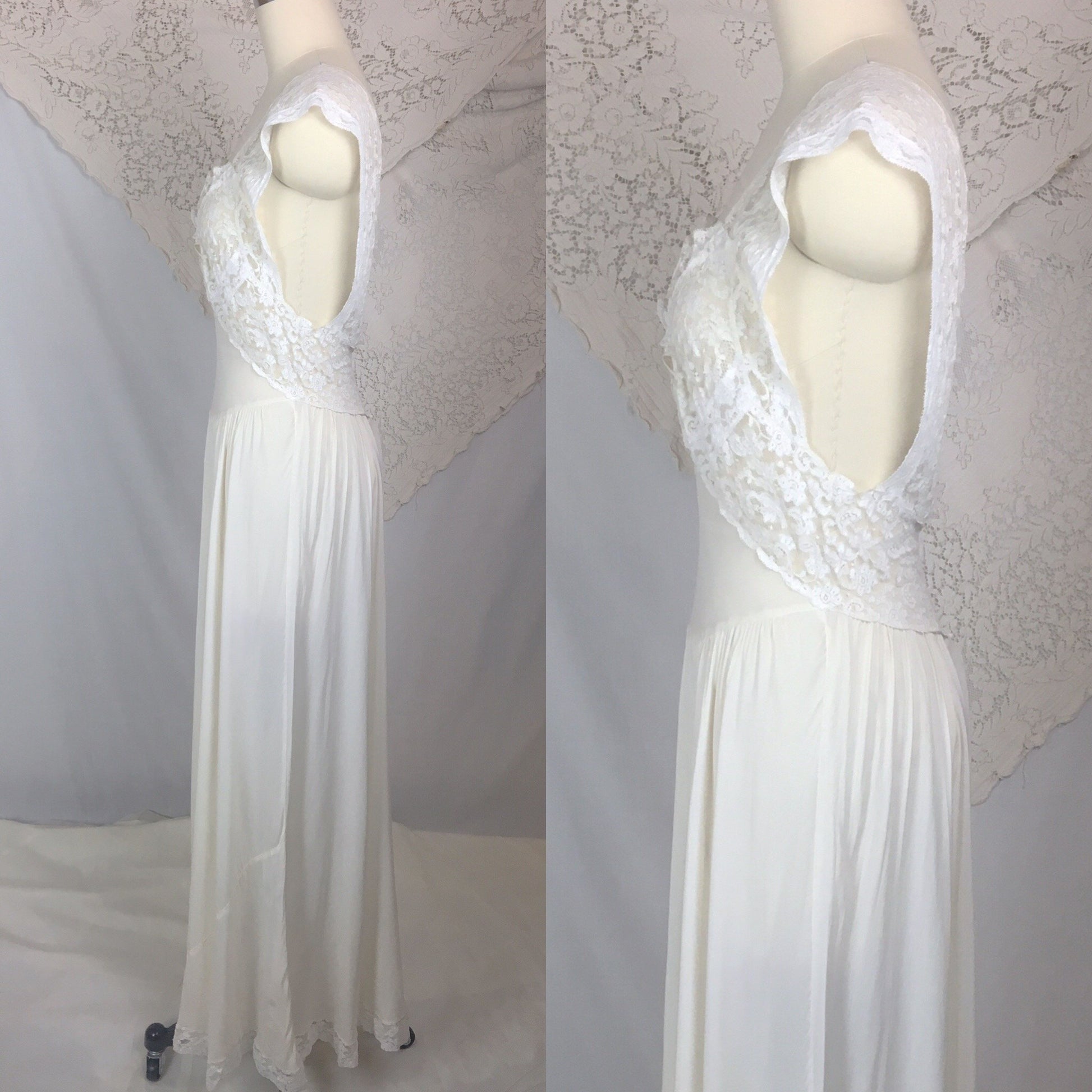 Vintage 1940's Nightgown | Sheer White Silk Chiffon with Ruffled Lace | Fischer Heavenly Silk Lingerie | Size MED - Daggers & Dames
