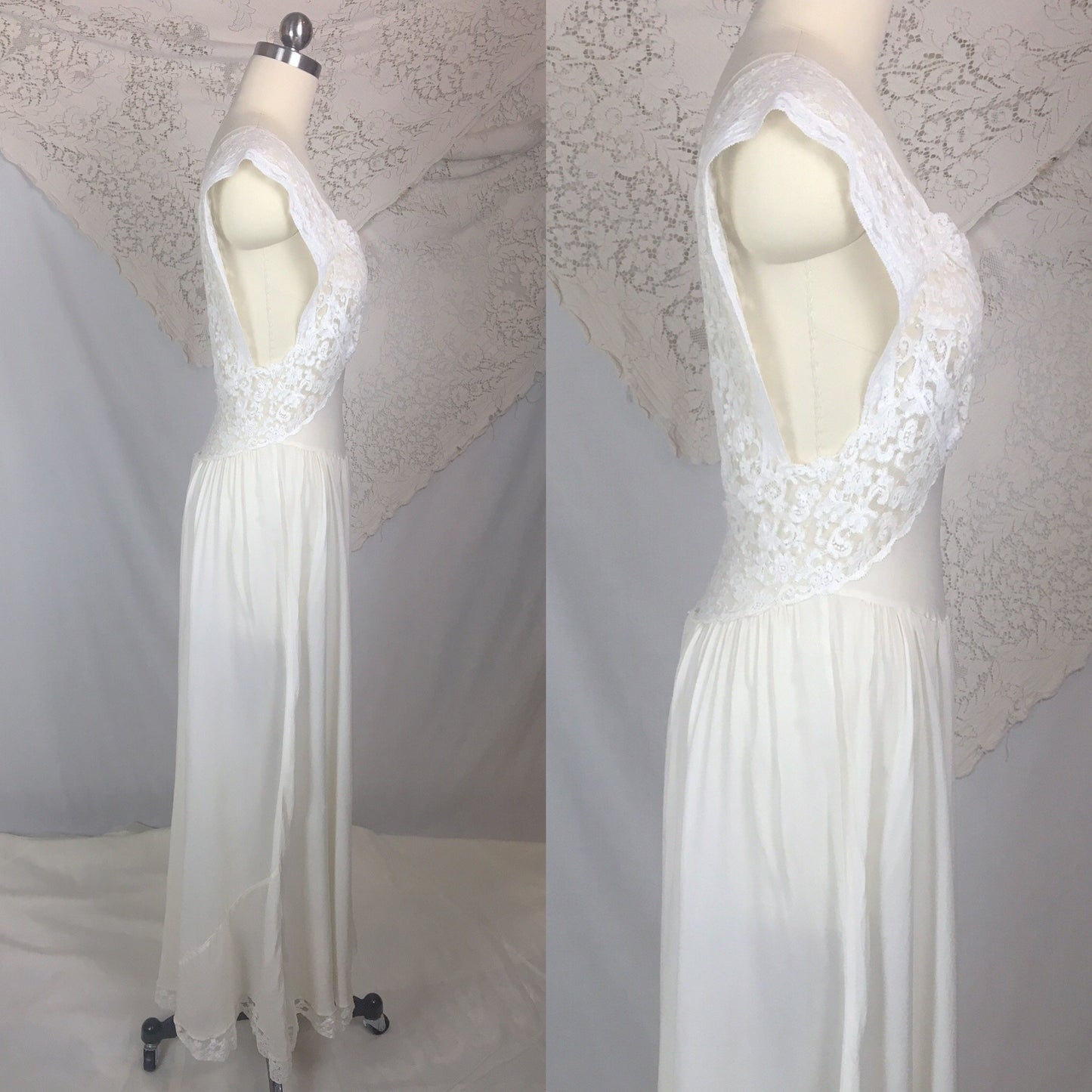 Vintage 1940's Nightgown | Sheer White Silk Chiffon with Ruffled Lace | Fischer Heavenly Silk Lingerie | Size MED - Daggers & Dames