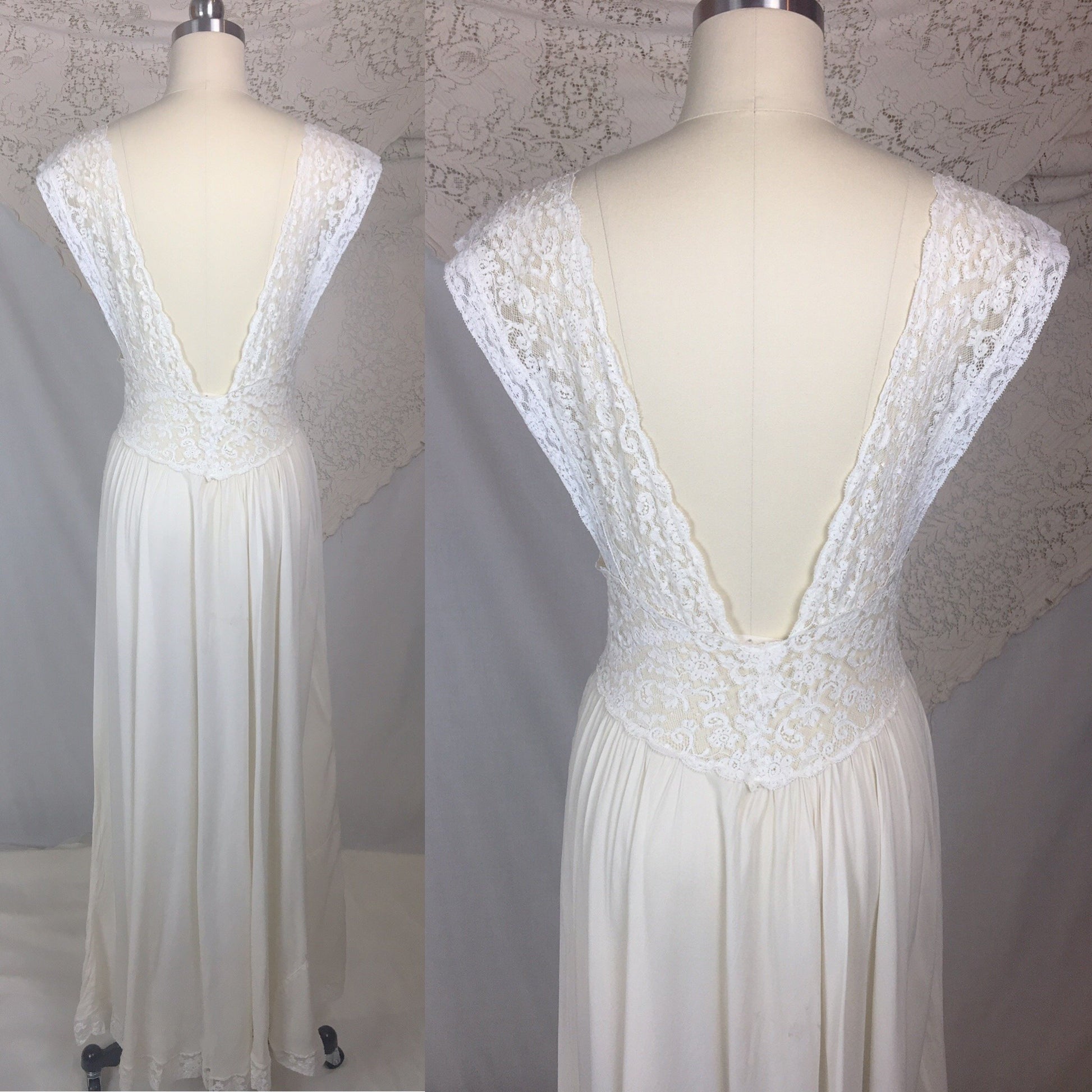 Vintage 1940's Nightgown | Sheer White Silk Chiffon with Ruffled Lace | Fischer Heavenly Silk Lingerie | Size MED - Daggers & Dames