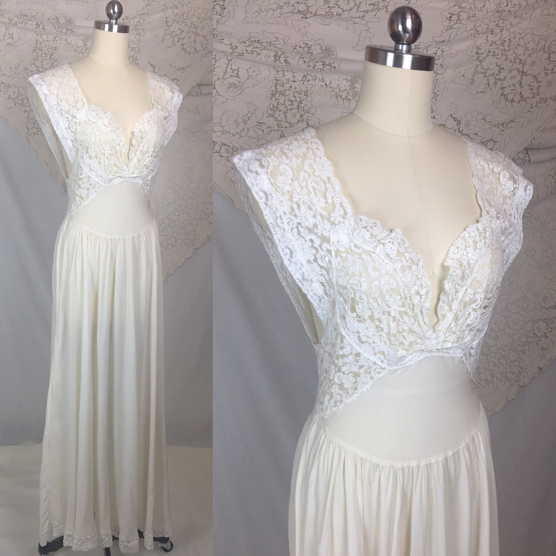 Vintage 1940's Nightgown | Sheer White Silk Chiffon with Ruffled Lace | Fischer Heavenly Silk Lingerie | Size MED - Daggers & Dames