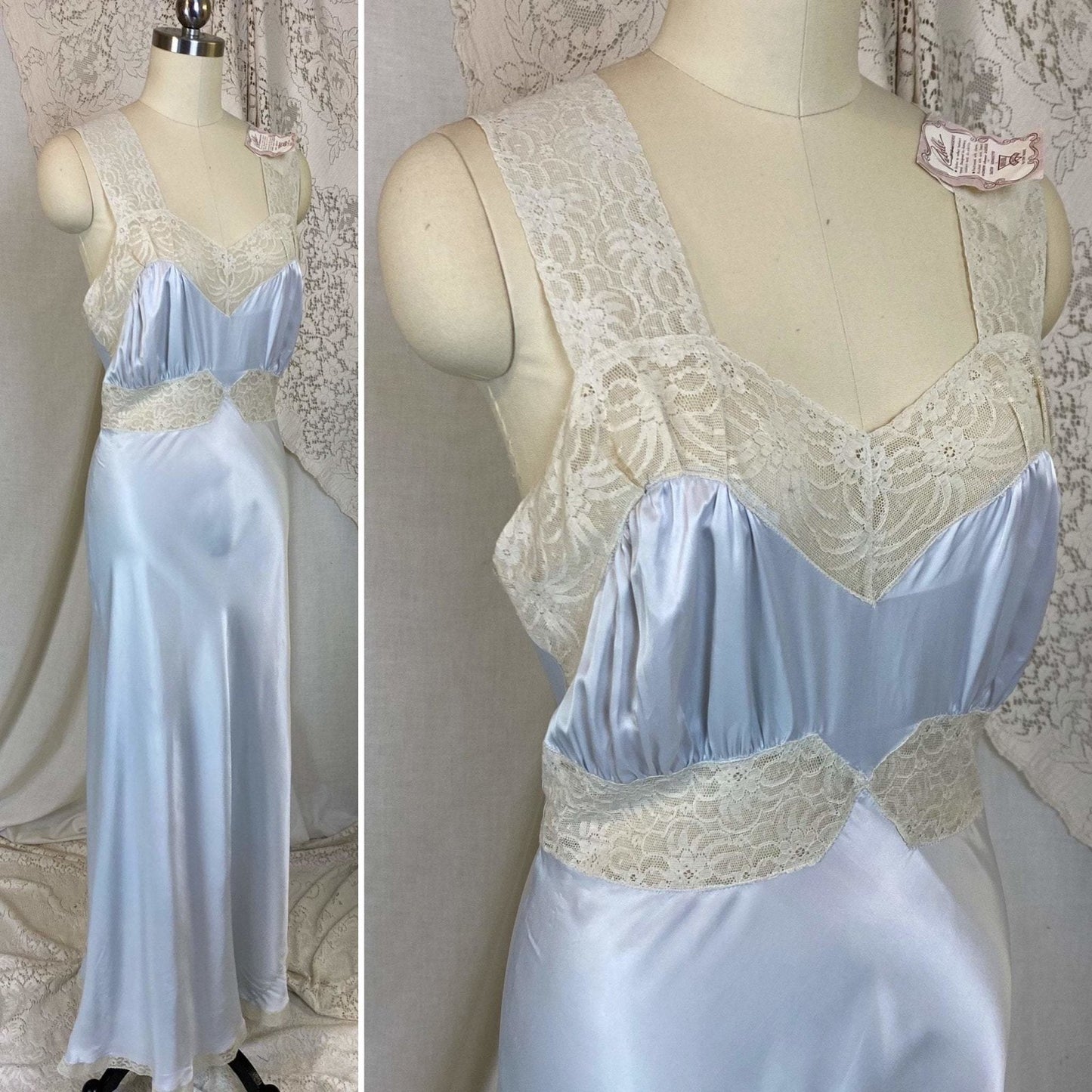 Vintage 1940's Nightgown | Silky Blue Rayon Satin with Ivory Lace | Size XS, S | Radelle, New with Tags - Daggers & Dames