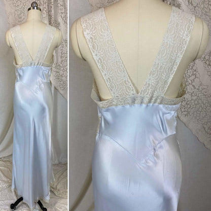 Vintage 1940's Nightgown | Silky Blue Rayon Satin with Ivory Lace | Size XS, S | Radelle, New with Tags - Daggers & Dames
