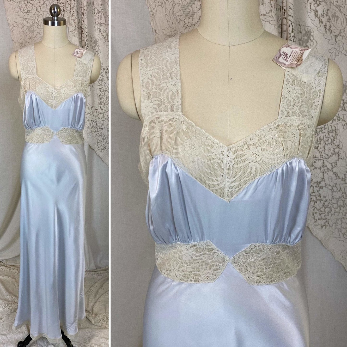 Vintage 1940's Nightgown | Silky Blue Rayon Satin with Ivory Lace | Size XS, S | Radelle, New with Tags - Daggers & Dames
