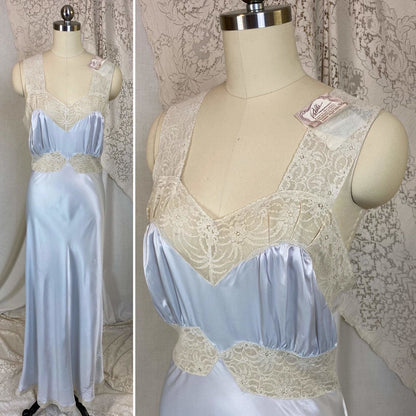 Vintage 1940's Nightgown | Silky Blue Rayon Satin with Ivory Lace | Size XS, S | Radelle, New with Tags - Daggers & Dames