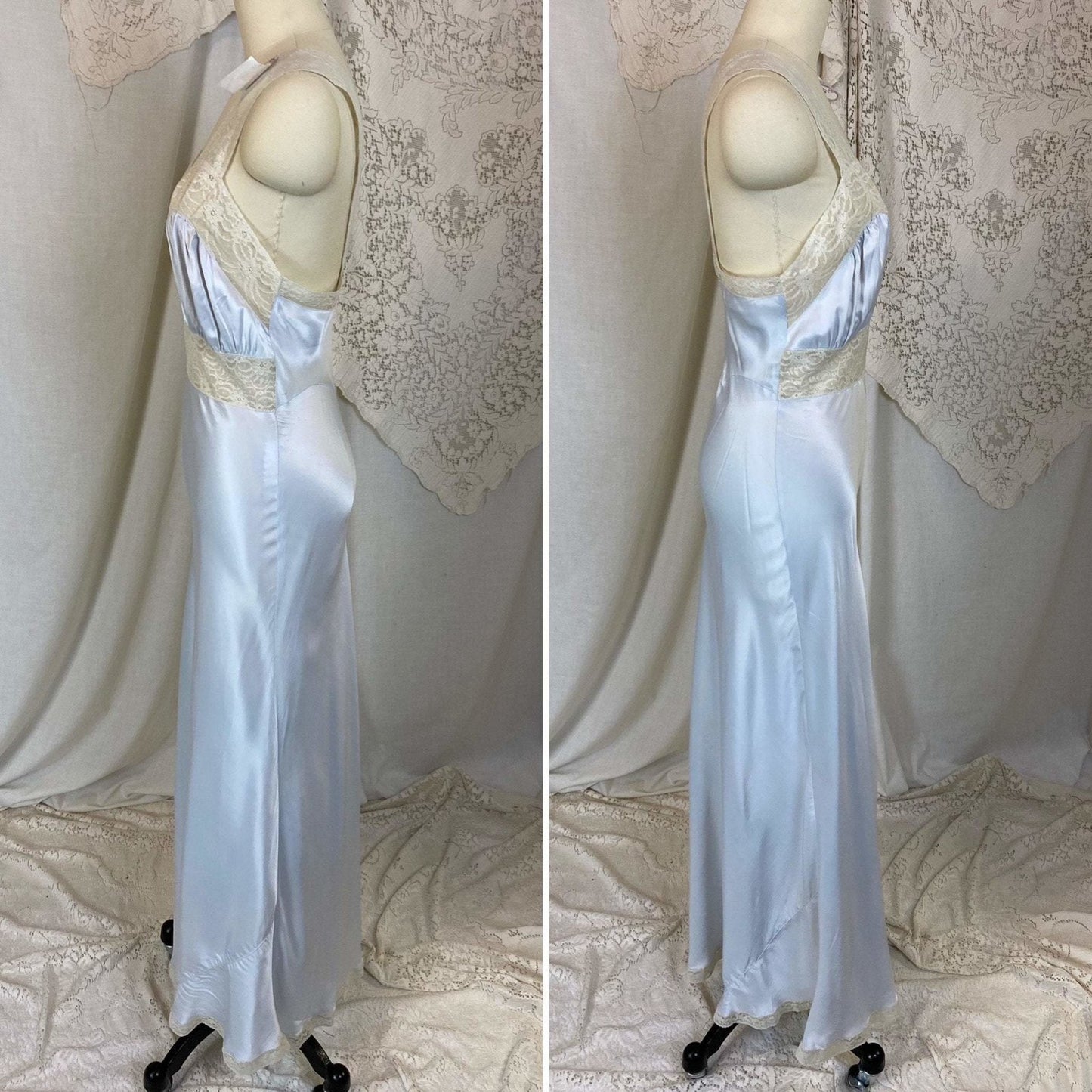 Vintage 1940's Nightgown | Silky Blue Rayon Satin with Ivory Lace | Size XS, S | Radelle, New with Tags - Daggers & Dames