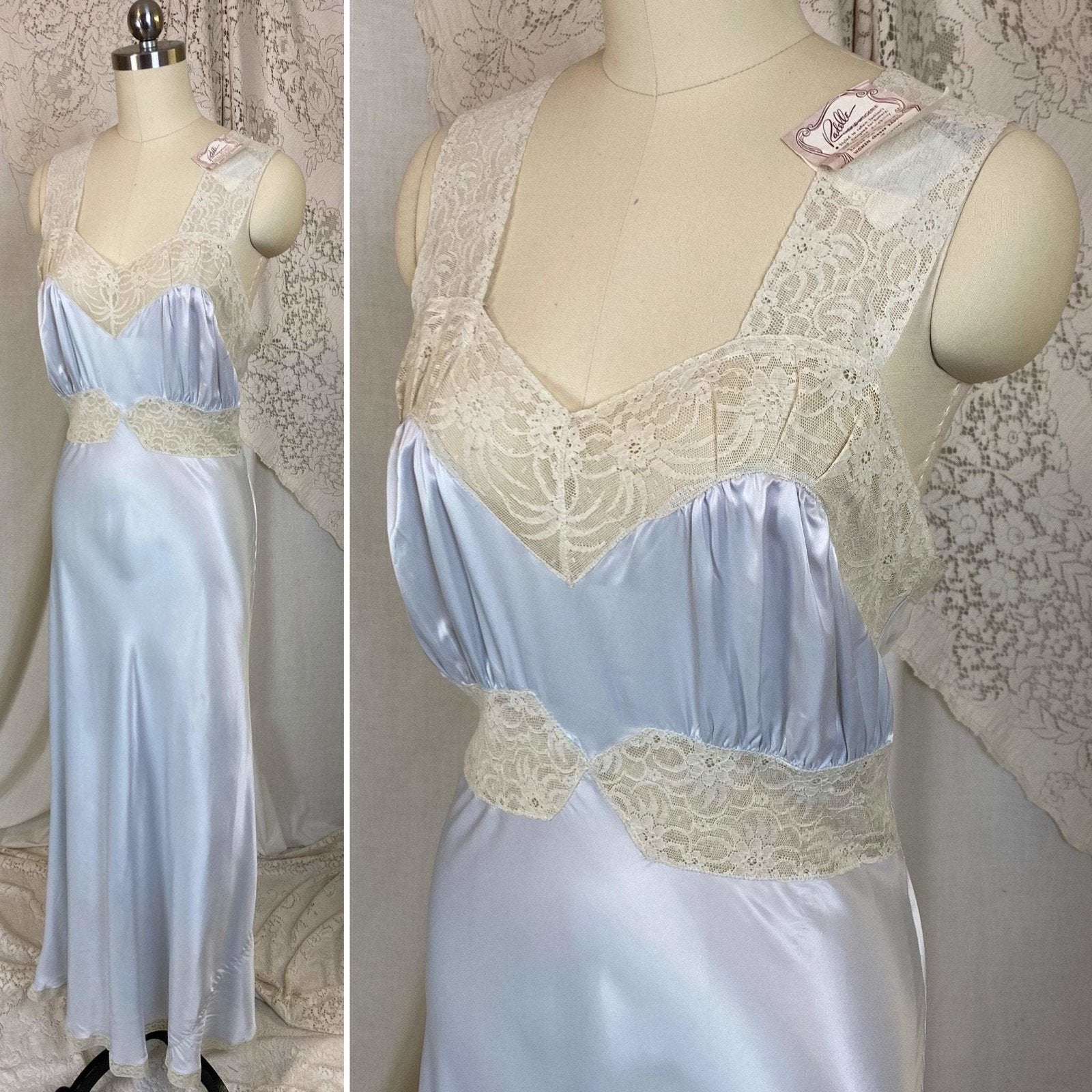 Vintage 1940's Nightgown | Silky Blue Rayon Satin with Ivory Lace | Size XS, S | Radelle, New with Tags - Daggers & Dames