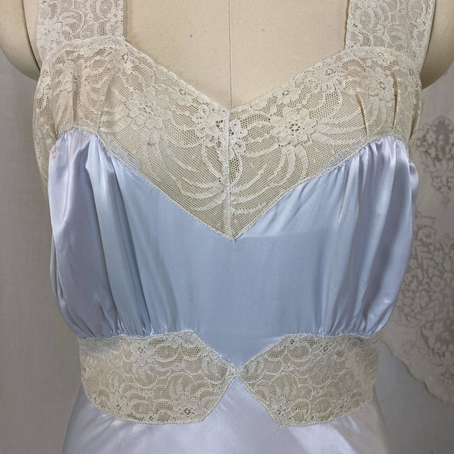 Vintage 1940's Nightgown | Silky Blue Rayon Satin with Ivory Lace | Size XS, S | Radelle, New with Tags - Daggers & Dames