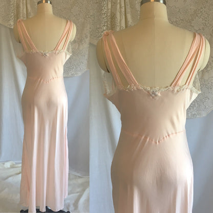 Vintage 1940's Nightgown | Silky Pale Pink Rayon with White Venetian Lace | Laros | Size M - Daggers & Dames