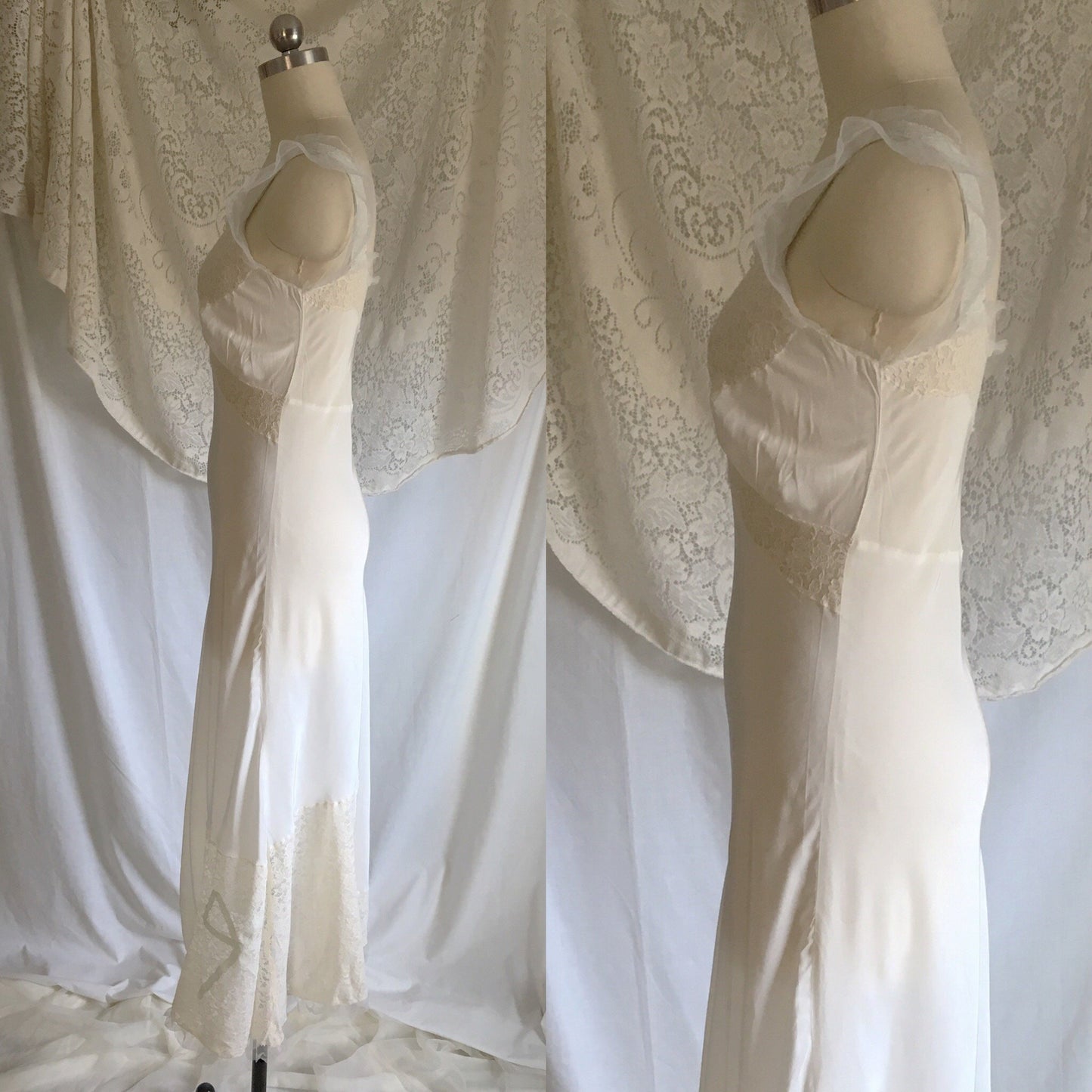 Vintage 1940's Nightgown | Silky White Rayon with Blue Ribbon Bows & Lace | Godfried Lingerie | Size XXS, XS Petite - Daggers & Dames