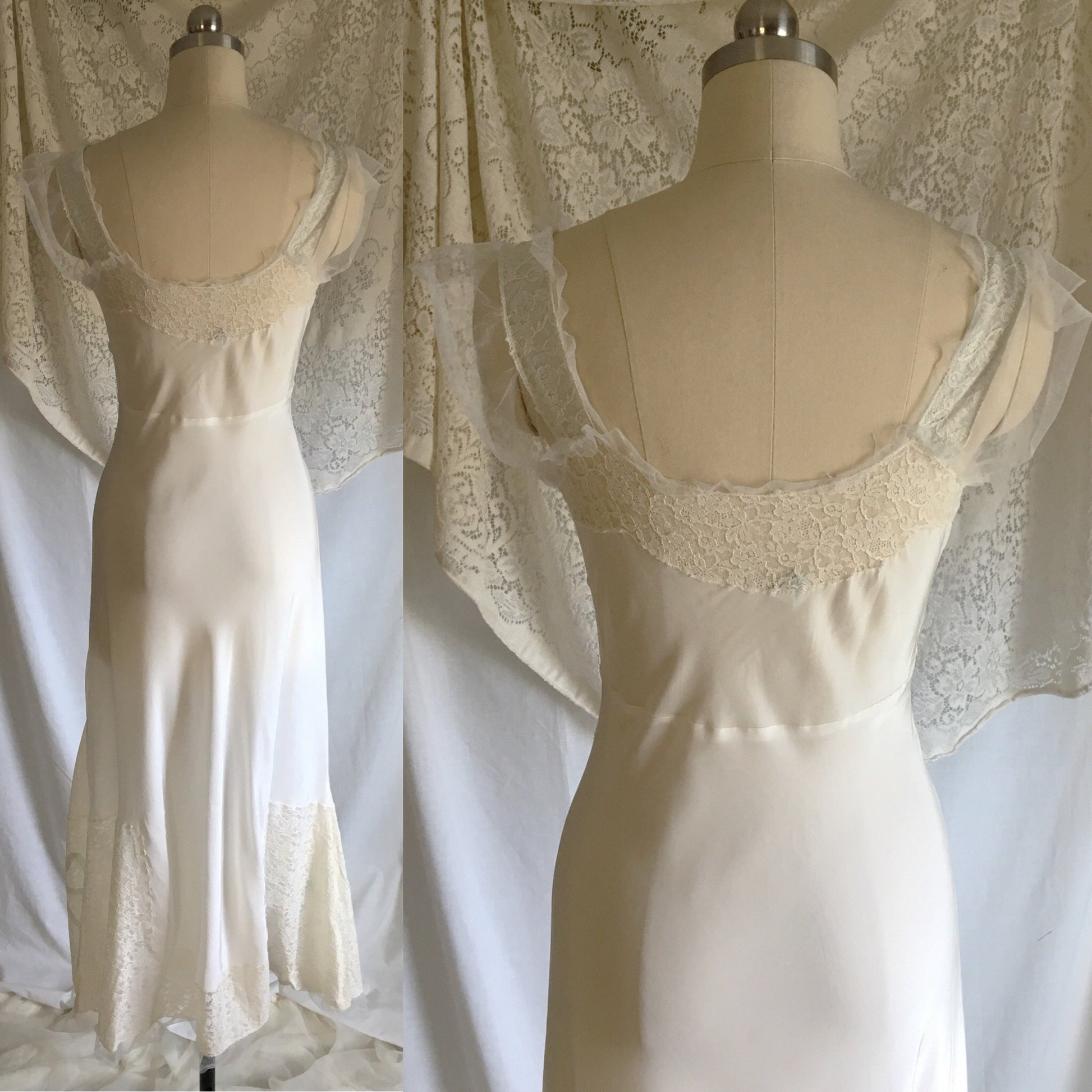 Vintage 1940's Nightgown | Silky White Rayon with Blue Ribbon Bows & Lace | Godfried Lingerie | Size XXS, XS Petite - Daggers & Dames