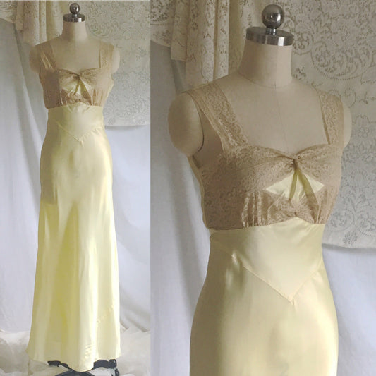 Vintage 1940's Nightgown | Size XS | Silky Lemonade Yellow Rayon Satin with Ecru Lace | Forty Winks - Never Worn - Daggers & Dames