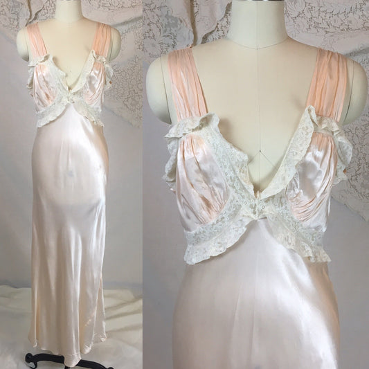 Vintage 1940's Nightgown | Very Pale Pink Rayon Satin with Ruffled Ivory Lace | Size MED, LG - Daggers & Dames