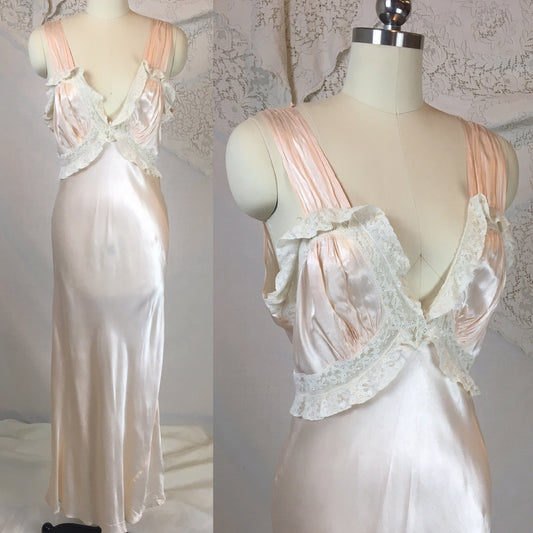 Vintage 1940's Nightgown | Very Pale Pink Rayon Satin with Ruffled Ivory Lace | Size MED, LG - Daggers & Dames