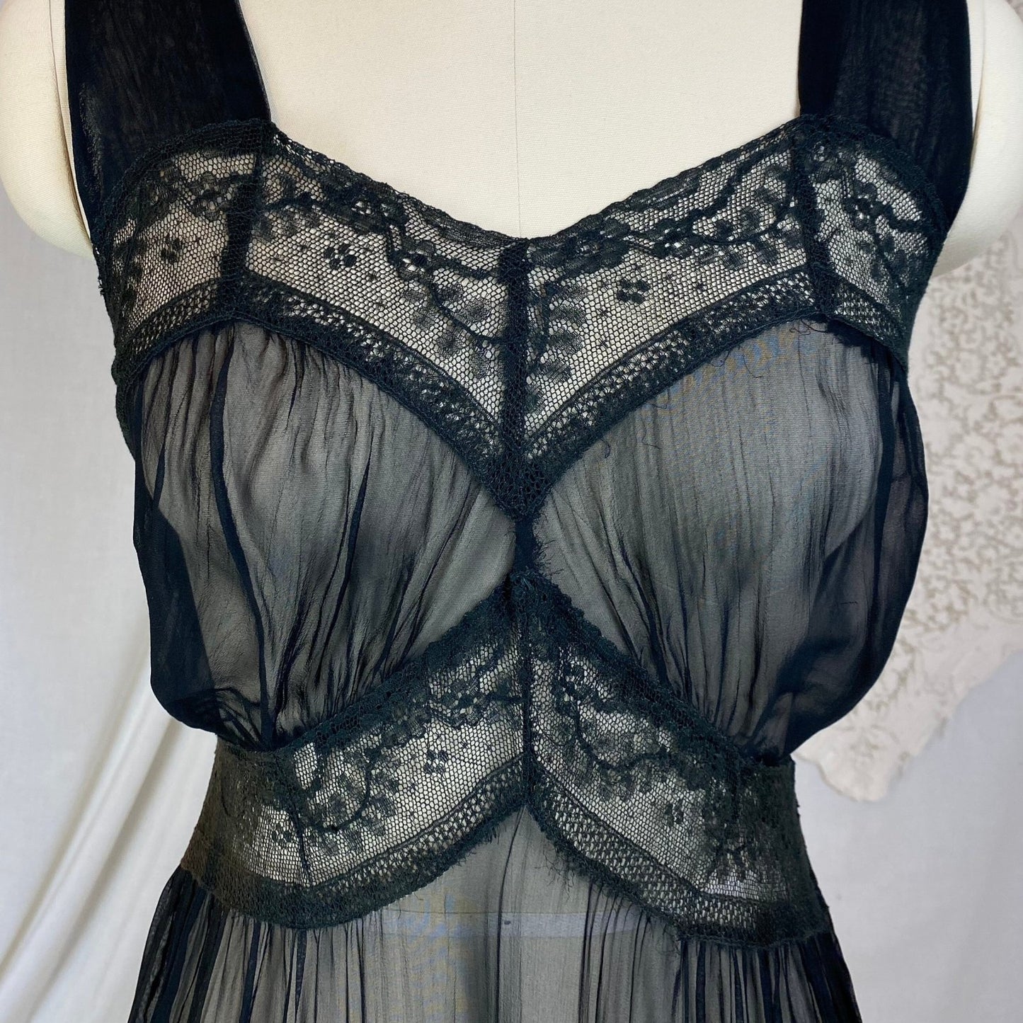 Vintage 1940's Nightgown | Very Sheer Black Silk Chiffon with Cotton Lace | Size S, M, LG - Daggers & Dames