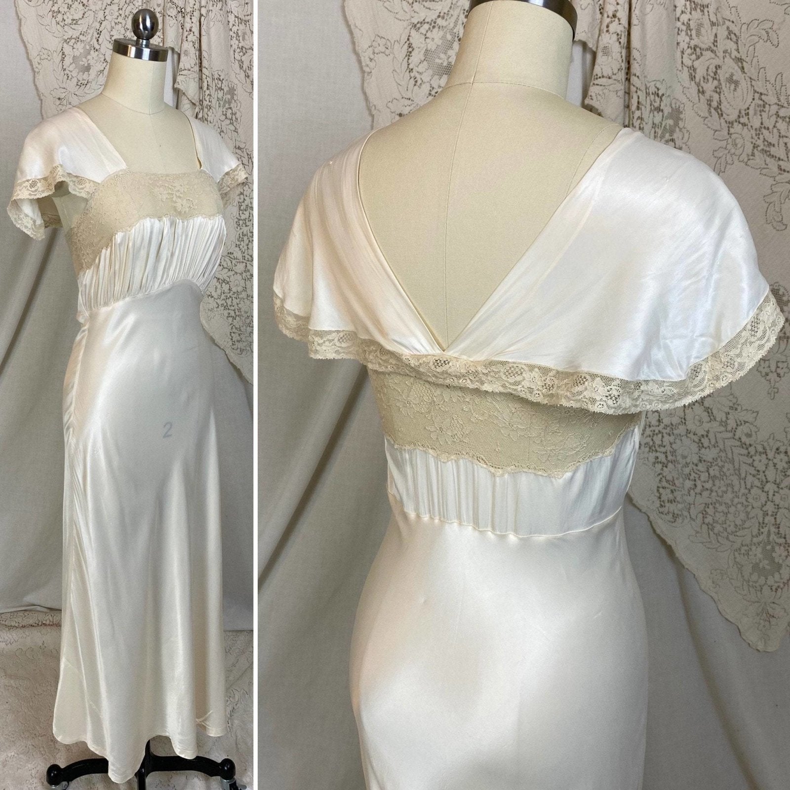 Vintage 1940's Nightgown | Warm Ivory Rayon Satin with Nude Floral Lace | Size XS | Coleen Lingerie - Daggers & Dames