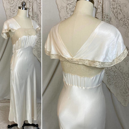 Vintage 1940's Nightgown | Warm Ivory Rayon Satin with Nude Floral Lace | Size XS | Coleen Lingerie - Daggers & Dames