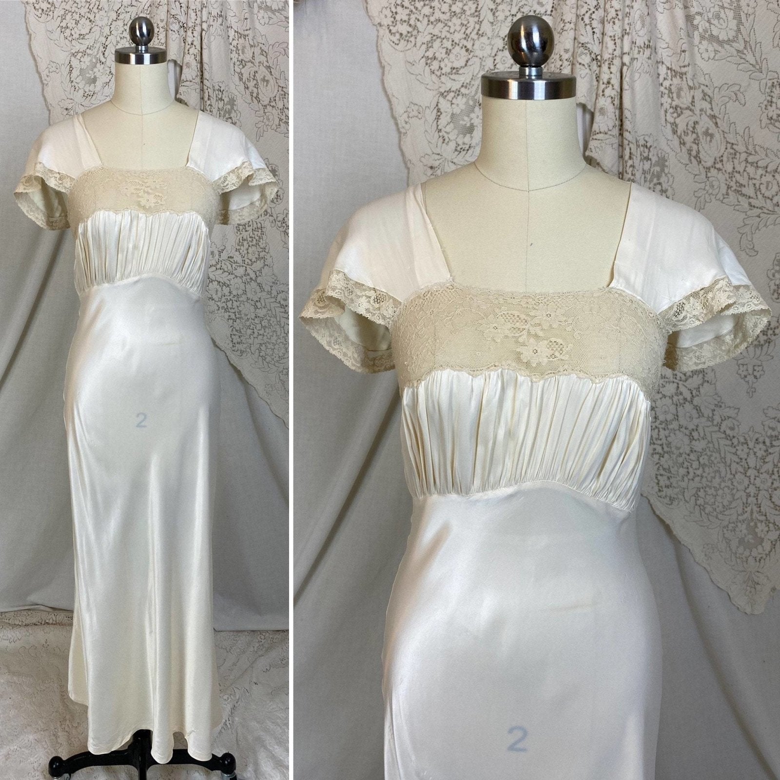 Vintage 1940's Nightgown | Warm Ivory Rayon Satin with Nude Floral Lace | Size XS | Coleen Lingerie - Daggers & Dames