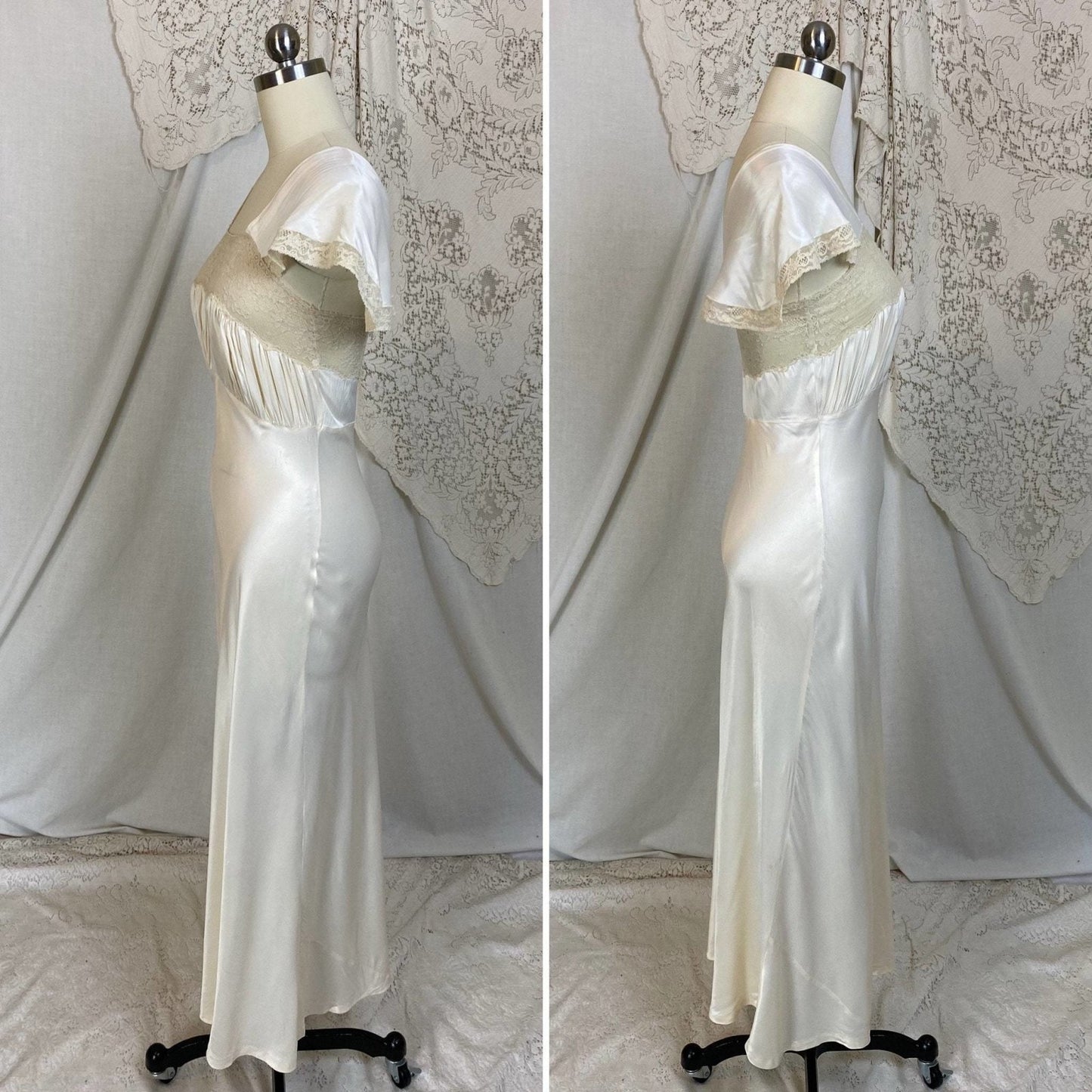 Vintage 1940's Nightgown | Warm Ivory Rayon Satin with Nude Floral Lace | Size XS | Coleen Lingerie - Daggers & Dames