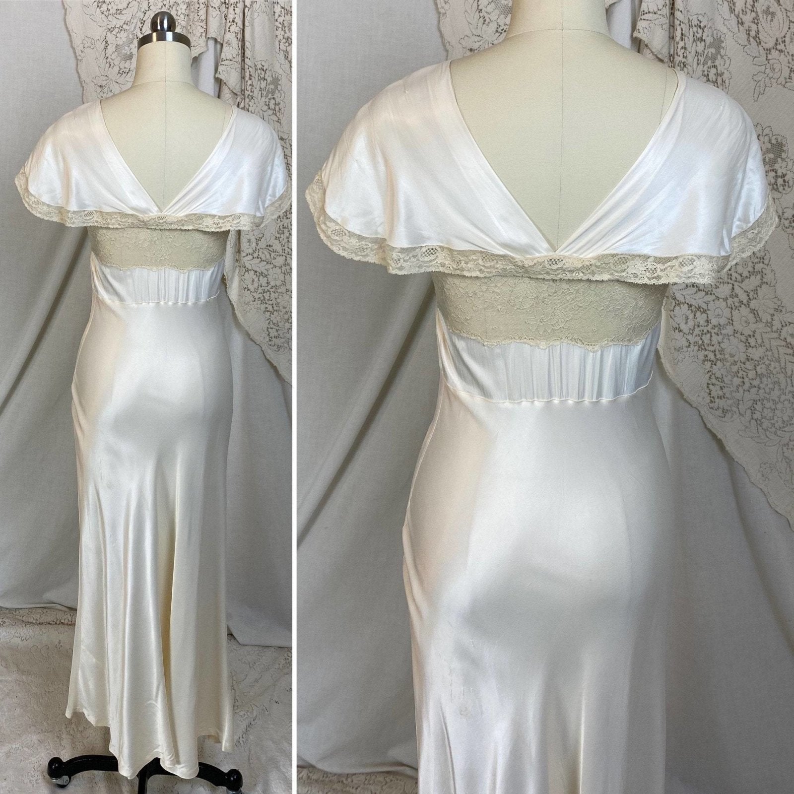 Vintage 1940's Nightgown | Warm Ivory Rayon Satin with Nude Floral Lace | Size XS | Coleen Lingerie - Daggers & Dames