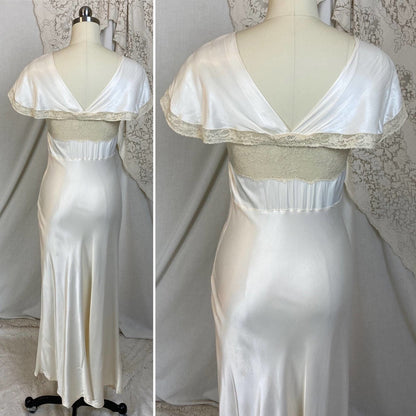 Vintage 1940's Nightgown | Warm Ivory Rayon Satin with Nude Floral Lace | Size XS | Coleen Lingerie - Daggers & Dames
