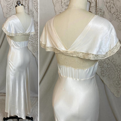 Vintage 1940's Nightgown | Warm Ivory Rayon Satin with Nude Floral Lace | Size XS | Coleen Lingerie - Daggers & Dames