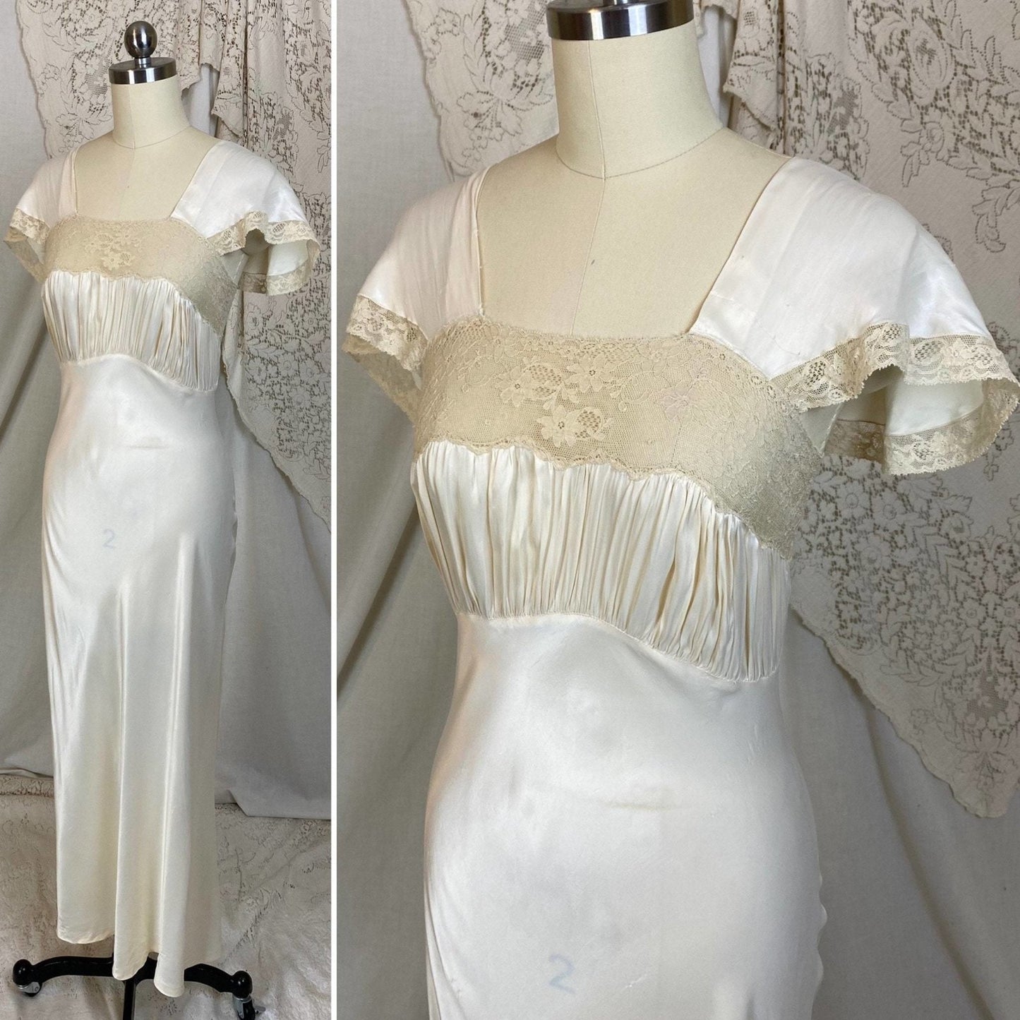 Vintage 1940's Nightgown | Warm Ivory Rayon Satin with Nude Floral Lace | Size XS | Coleen Lingerie - Daggers & Dames