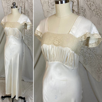 Vintage 1940's Nightgown | Warm Ivory Rayon Satin with Nude Floral Lace | Size XS | Coleen Lingerie - Daggers & Dames