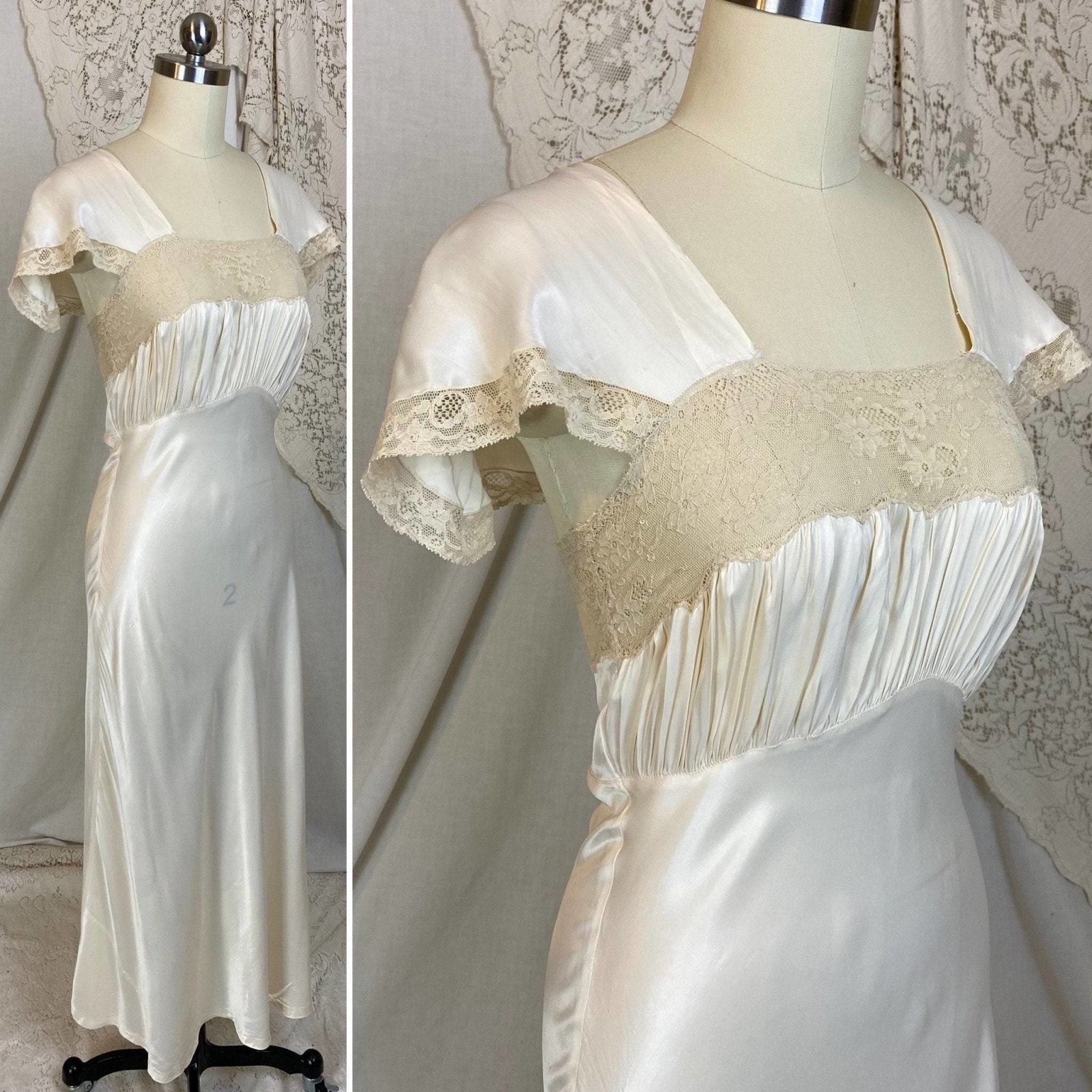 Vintage 1940's Nightgown | Warm Ivory Rayon Satin with Nude Floral Lace | Size XS | Coleen Lingerie - Daggers & Dames